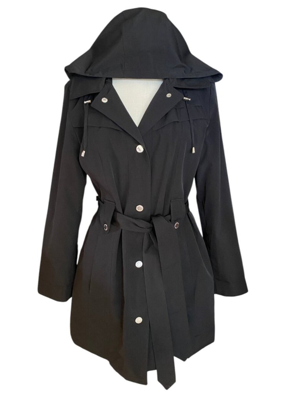 London Fog Black Belted Trench Coat Water Resistant Removable Hood Minimalist-M
